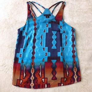 Blue and orange patterned flowy tank top